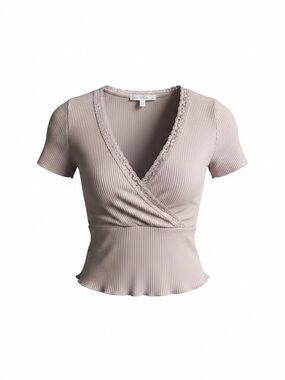 Anistar Junior Girls small Ribbed pastel purple shirt with lace accents